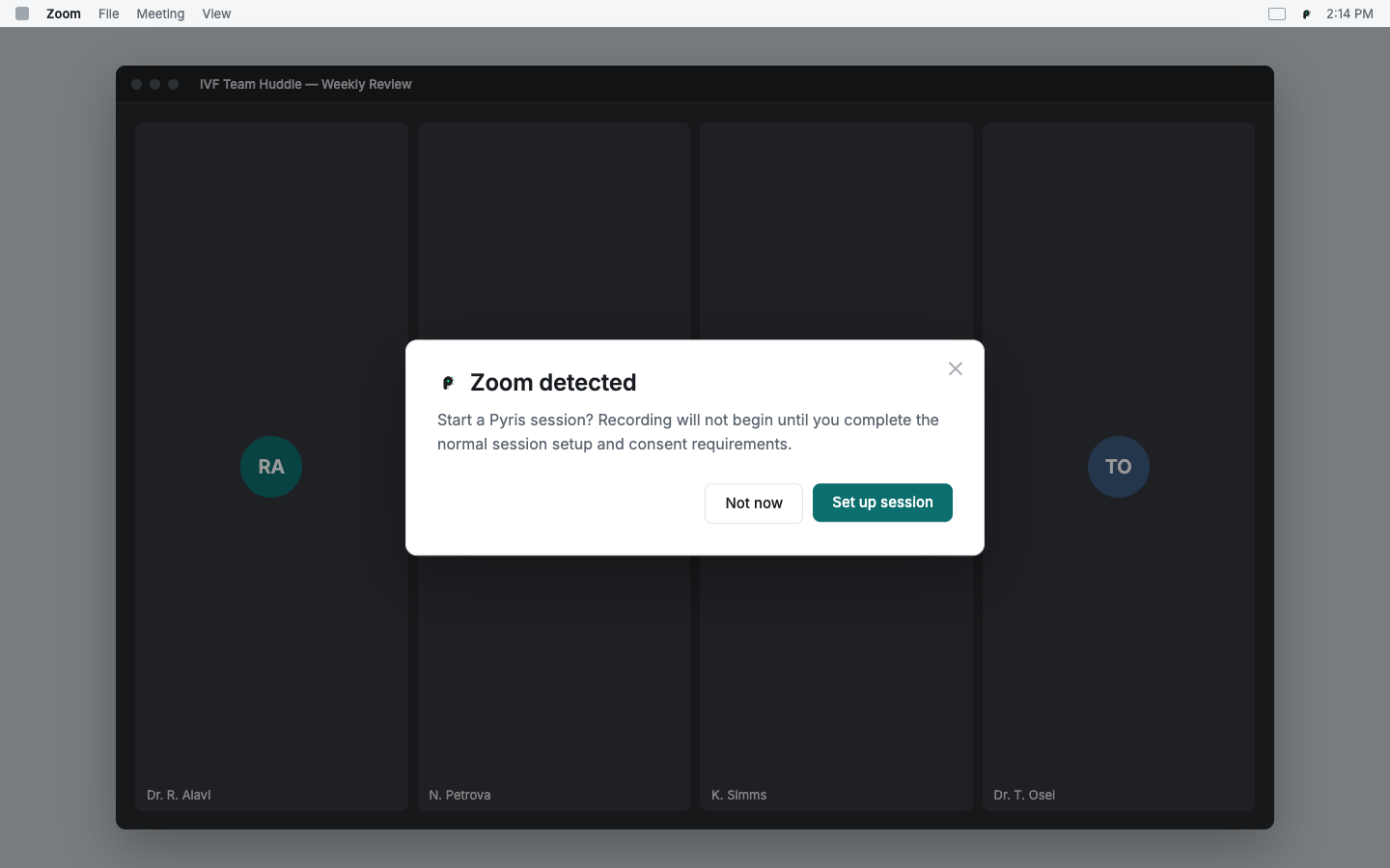 Pyris detects an active Zoom meeting and asks the user to set up the session and complete consent