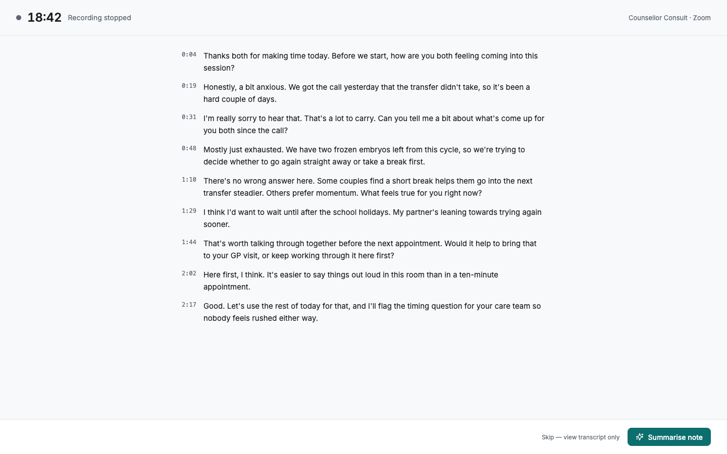A completed synthetic IVF counselling transcript with the Summarise note action visible
